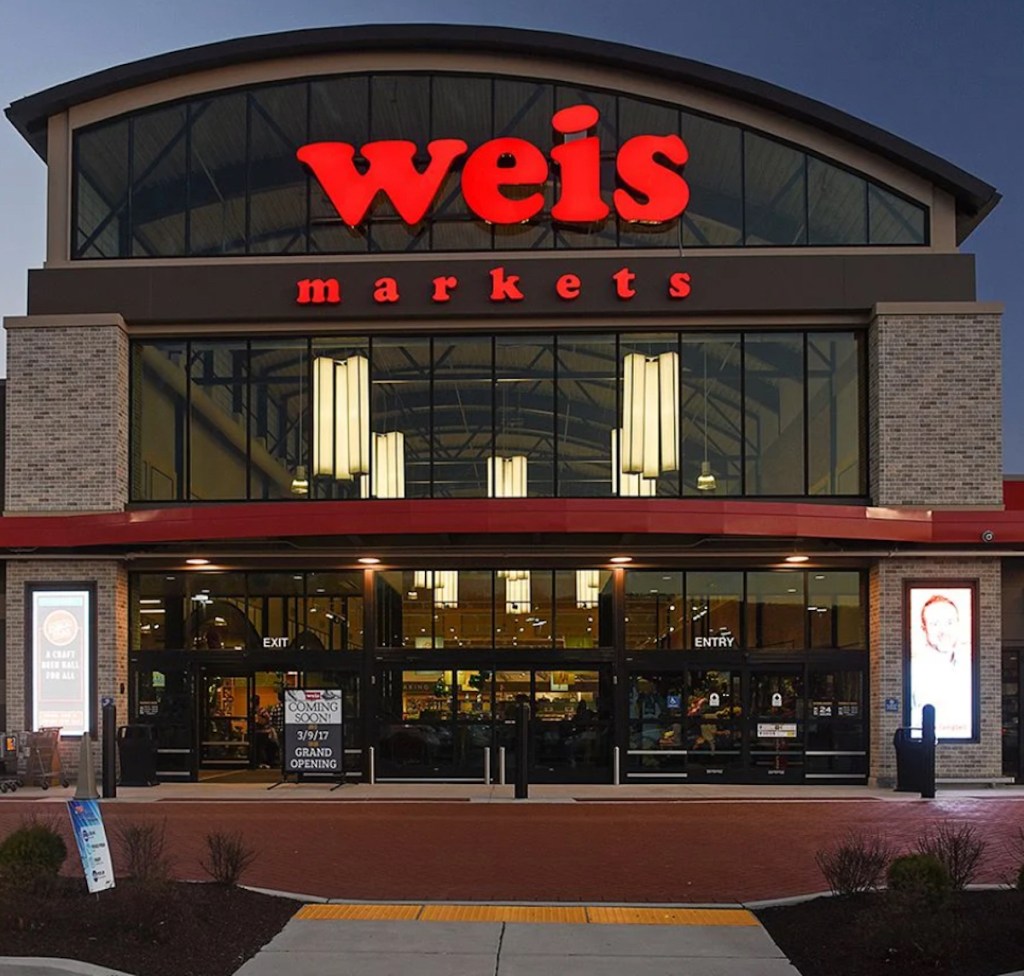 weis market grocery store front in dark