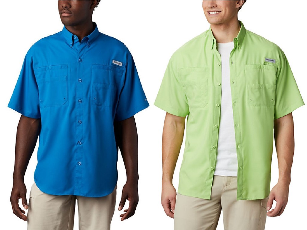 two men wearing blue colored and light green colored Men&rsquo;s PFG Tamiami II Short Sleeve Shirt