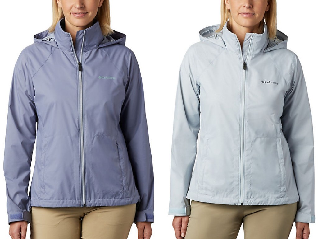 two women wearing periwinkle and light grey colored Columbia Women&rsquo;s Switchback III Jacket