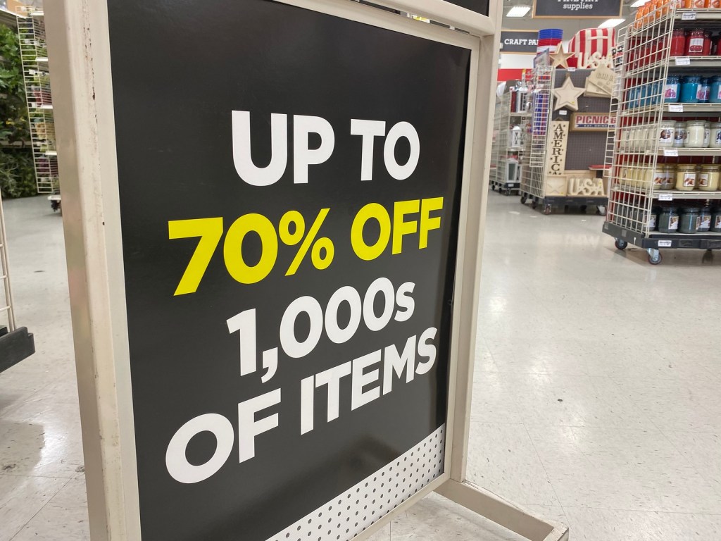 Michaels Sign showing 70% off inside store