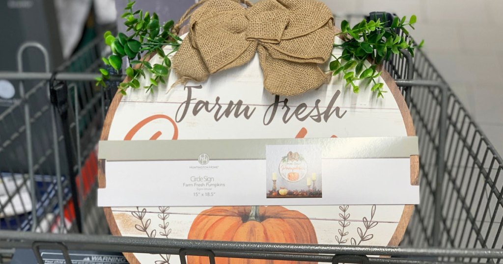 circular pumpkin decor sign with burlap bow in a grey shopping cart