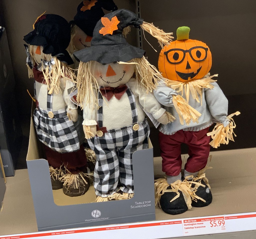 tabletop scarecrow and pumpkin head scarecrows on ALDI store shelf