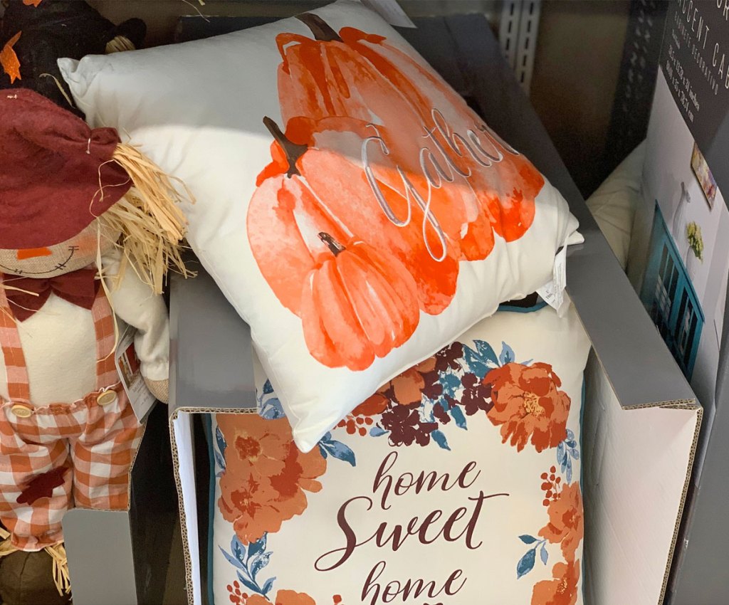 fall flowers and pumpkin themed throw pillows on ALDI store shelf