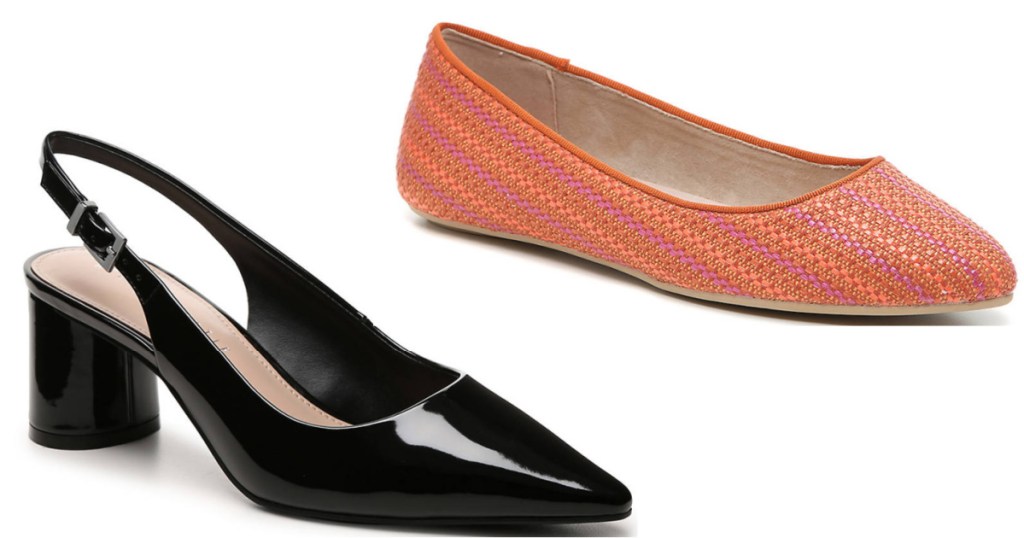 one pair of black patent pumps and a pair of orange ballet flats