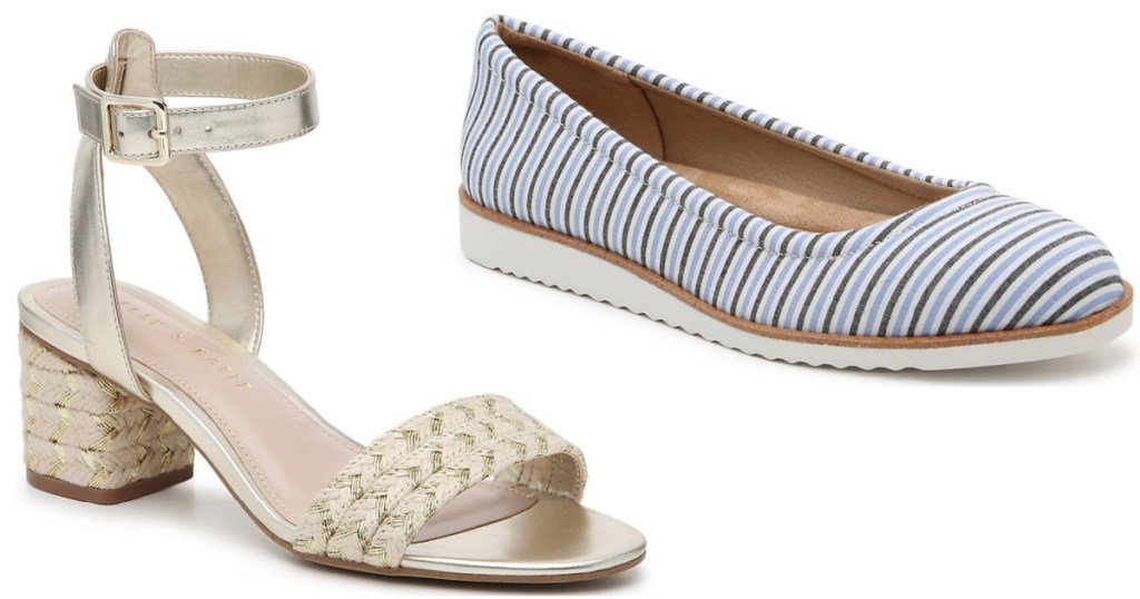 gold sandal high heels next to blue striped flats