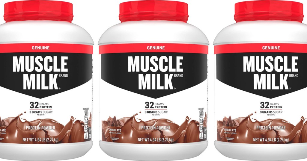 3 large containers of chocolate muscle milk protein powder jugs
