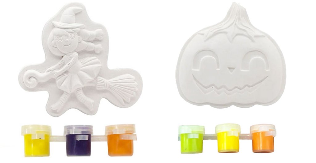 whate witch and pumpkin magnet kits with three colors of paint each