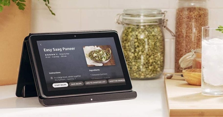 Amazon Fire HD 8 on counter showing recipe 