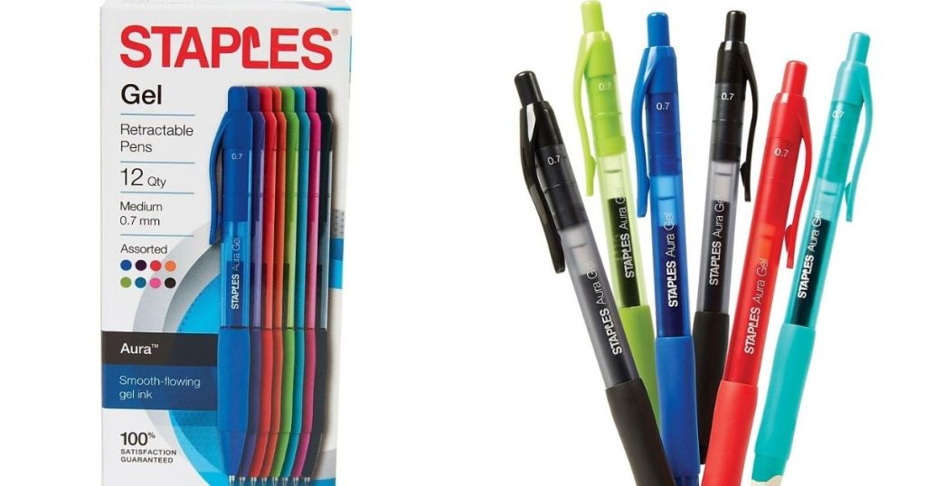 box of gel pens next to group of pens