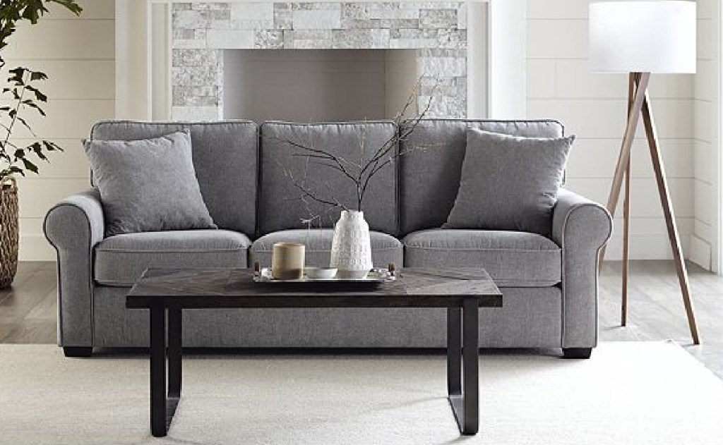 living room with grey couch and coffee table