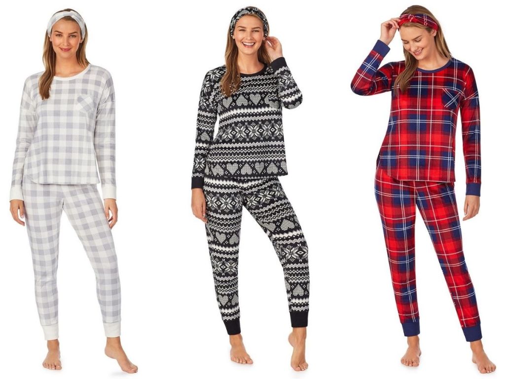 three women wearing Cuddl Duds Velour Pajama Top, Pajama Pants & Headband Set