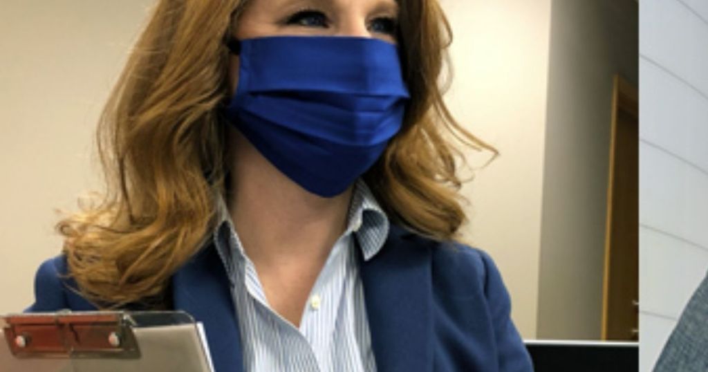 lady wearing lands end face mask
