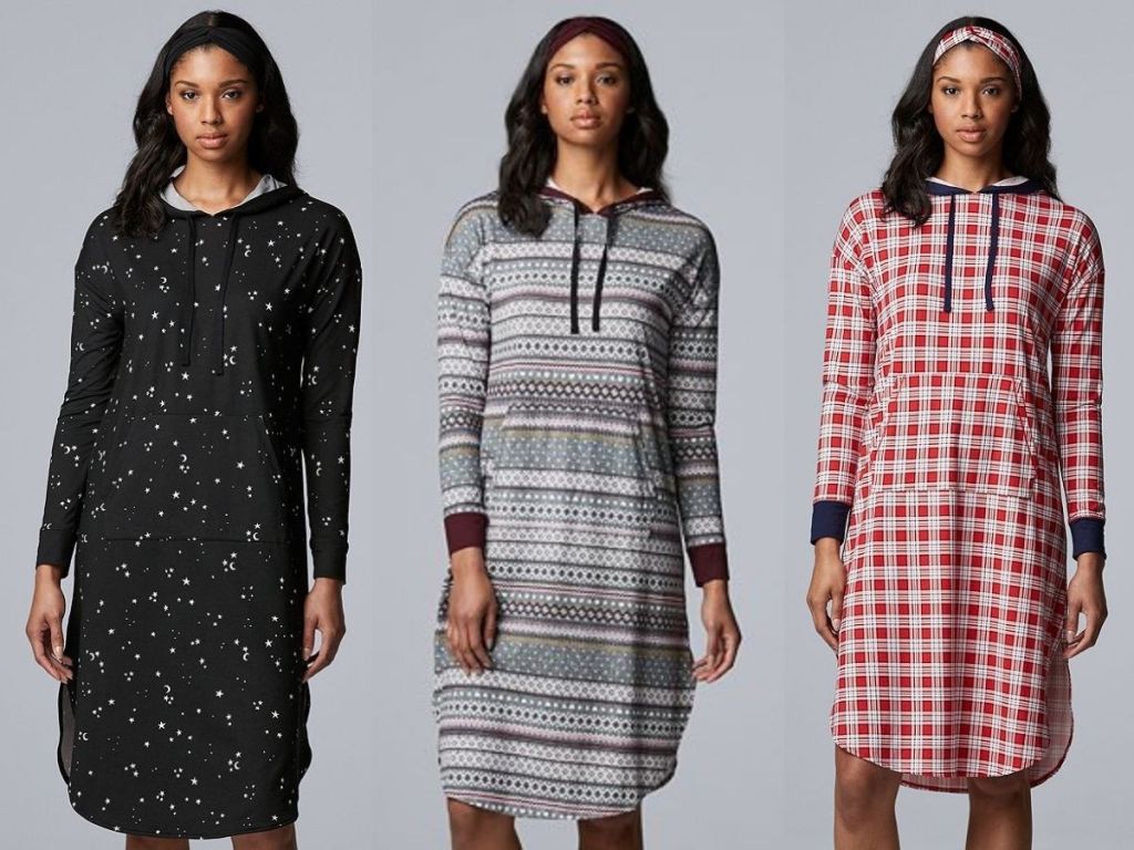 three women wearing black with stars, grey stripe, and red plaid Simply Vera Vera Wang Long Sleeve Sleepshirt & Headband Set