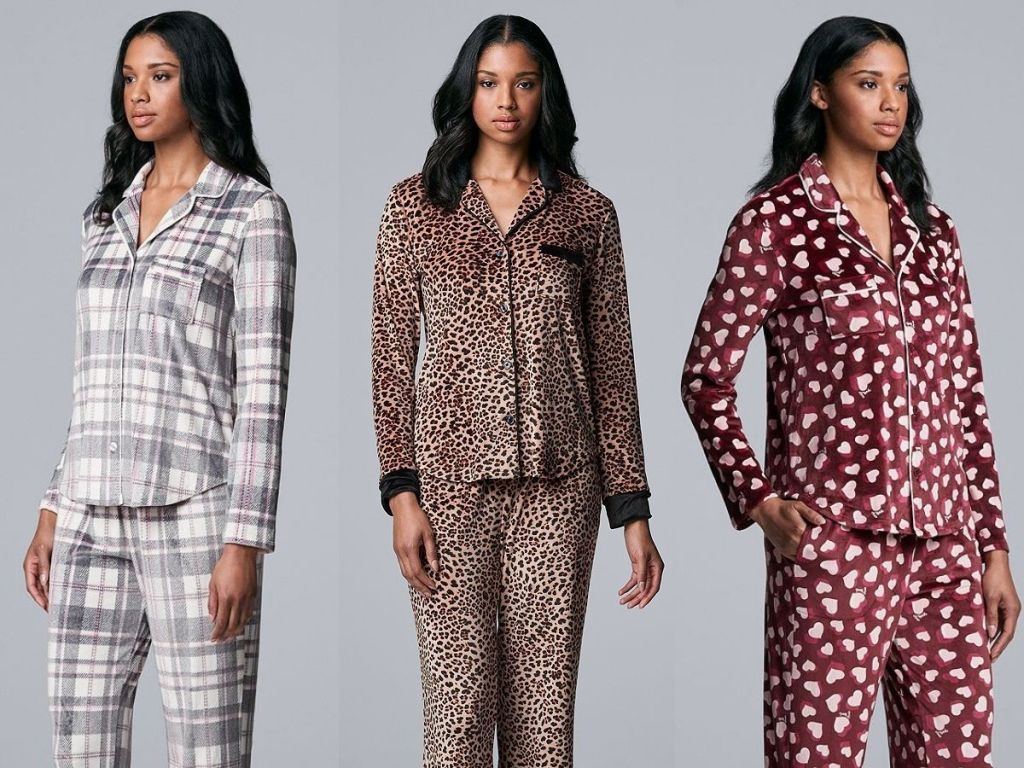 three women wear Simply Vera Vera Wang Velour Pajama Shirt, Pajama Pants & Socks Set