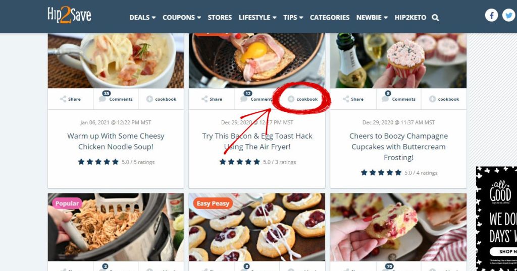 screenshot of cookbook icon on Hip2Save.com