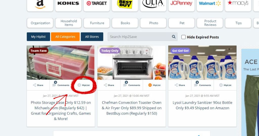 circled Hip List icon on Hip2Save.com