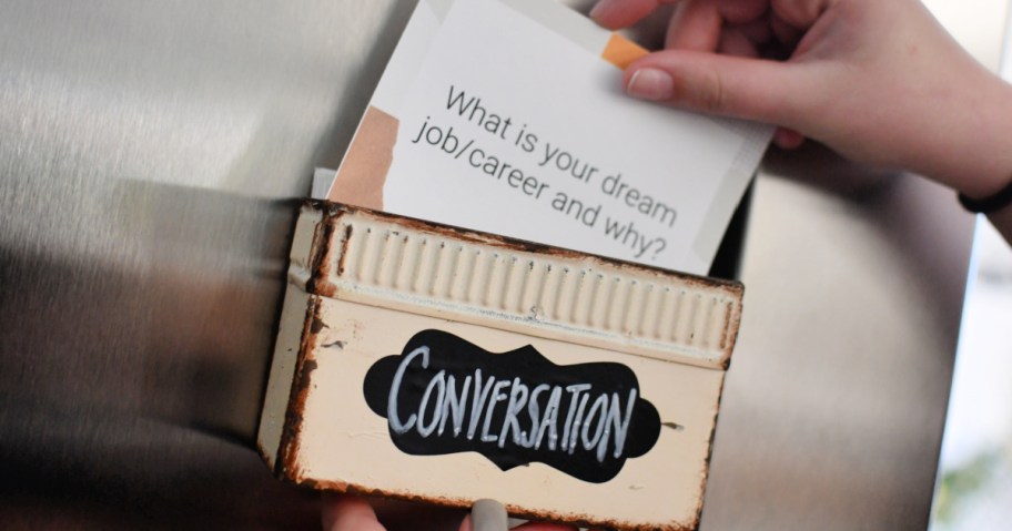 magnetic recipe box with conversation cards