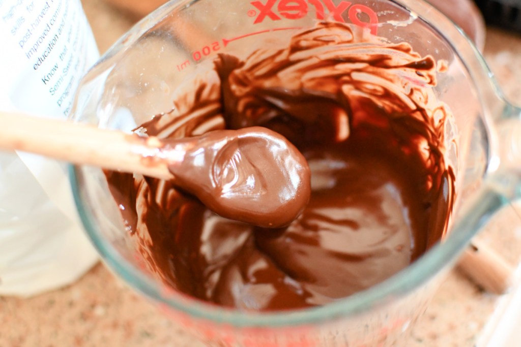 melted chocolate chips in a Pyrex