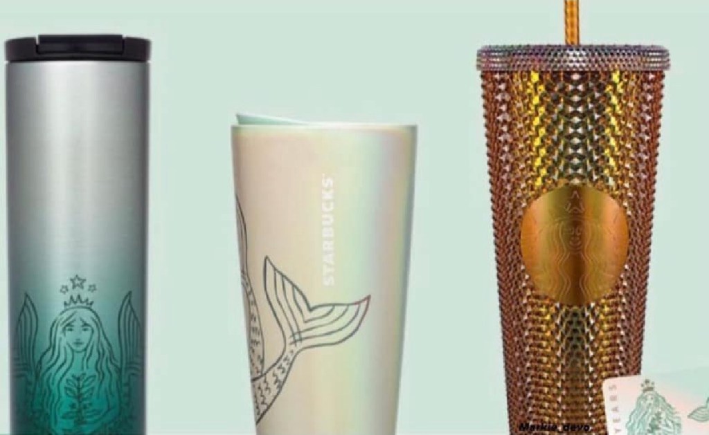 three starbucks cups
