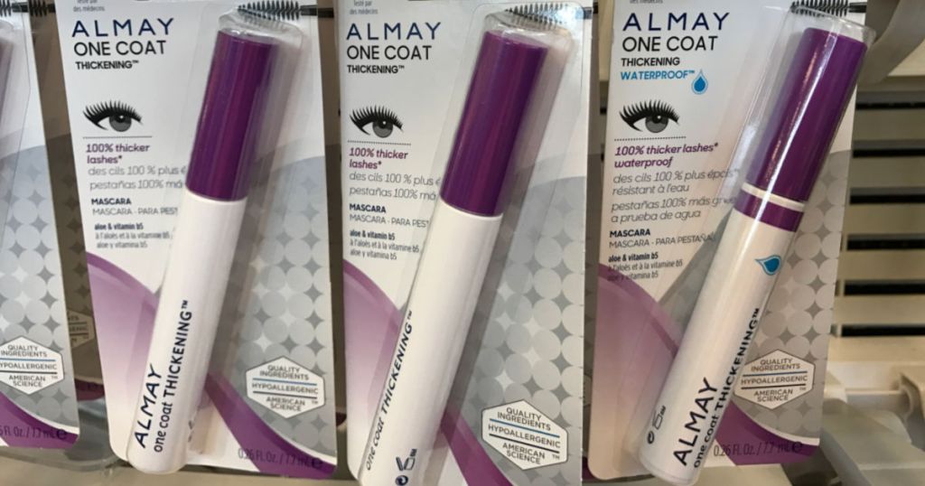 three packs of mascara on rack