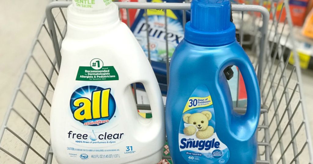 white and blue laundry care products in cart 