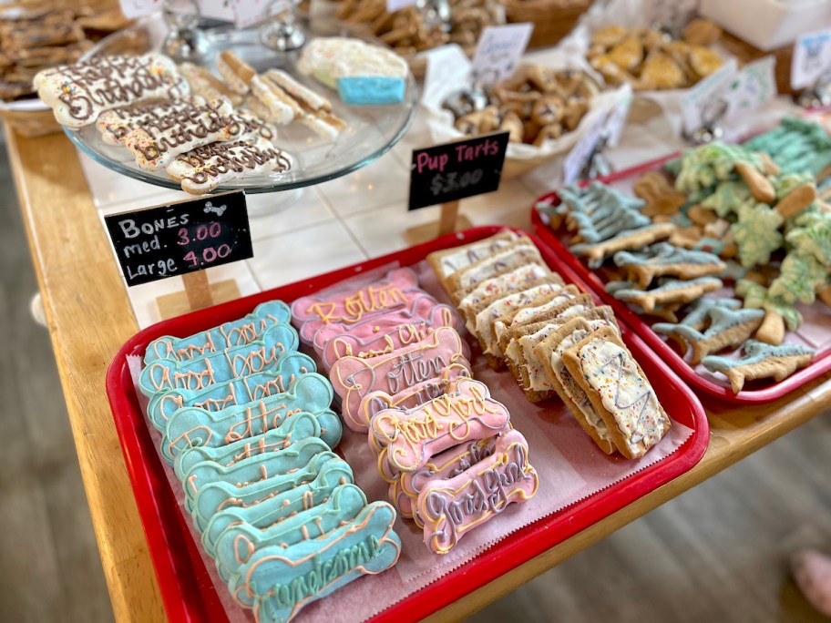 various dog bones and decorated treats on table