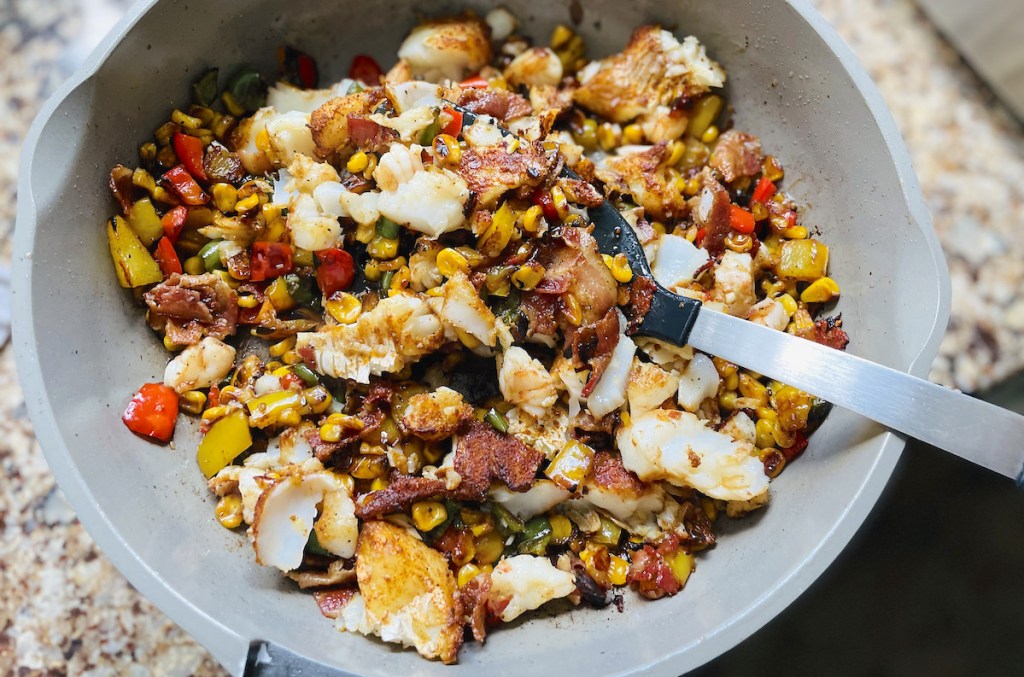 close up of saut&eacute; pan with fish tacos