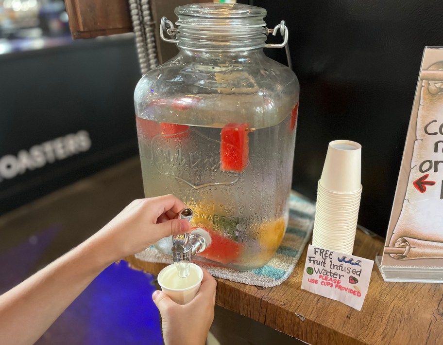 Fruit infused water and glass pitcher with free water sign