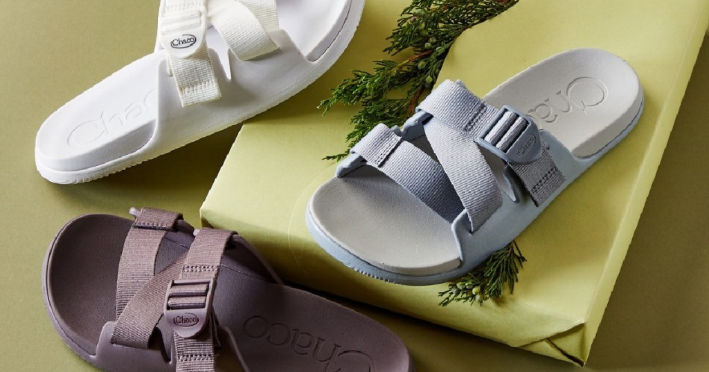 white, blue and brown chacos sandals