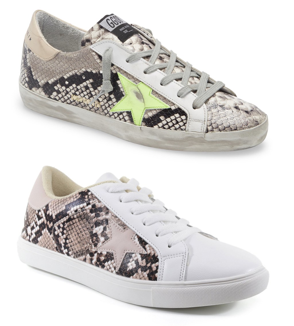 comparison of golden goose and portland boot company snakeskin sneaker dupe