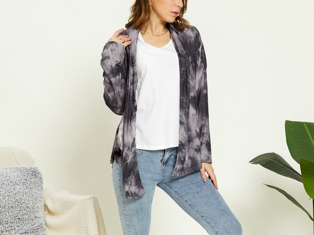 woman wearing tie dye cardigan