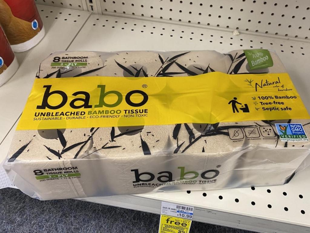 babo bamboo bath tissue 8 pack on store shelf