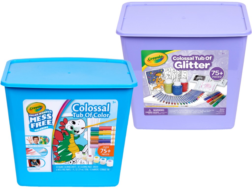 blue tub of kids art supplies and purple tub of art supplies