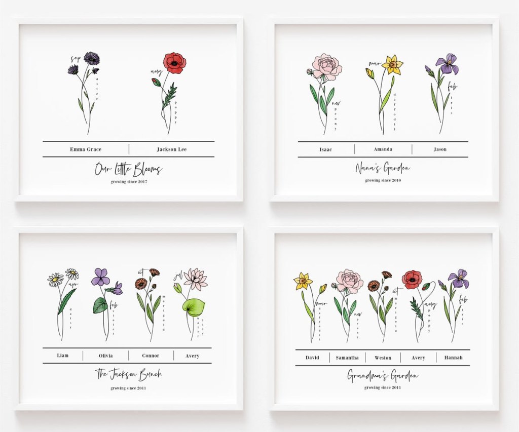 four Custom Birth Flower Prints in white frames