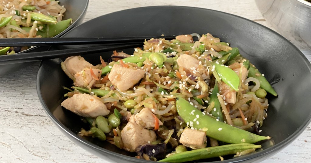 chicken chow mein in a bowl