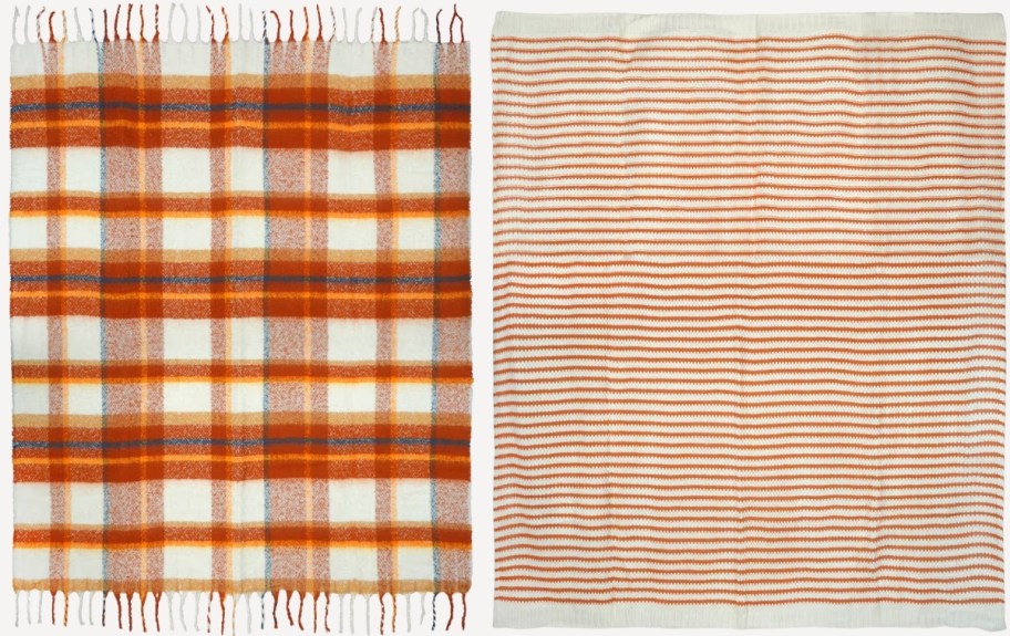 two fall colored throw blankets one plaid and one striped