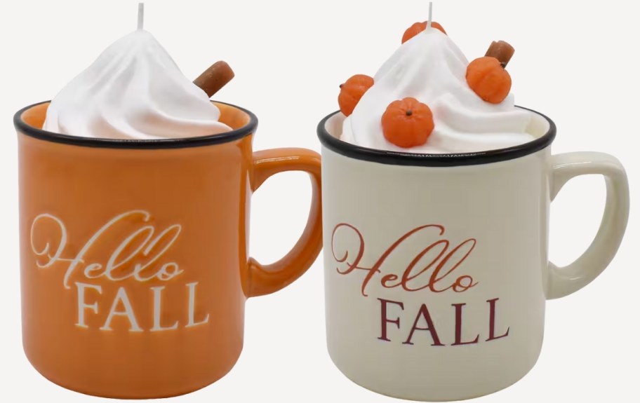 two fall coffee mug candles one orange and one white