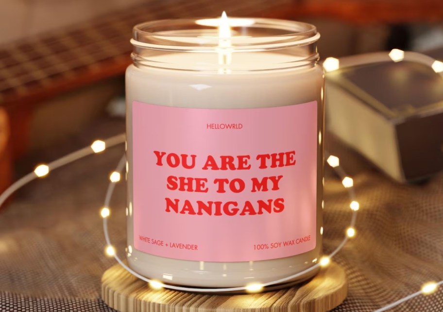 you are the she to my nanigans candle with fairy lights wrapped around it