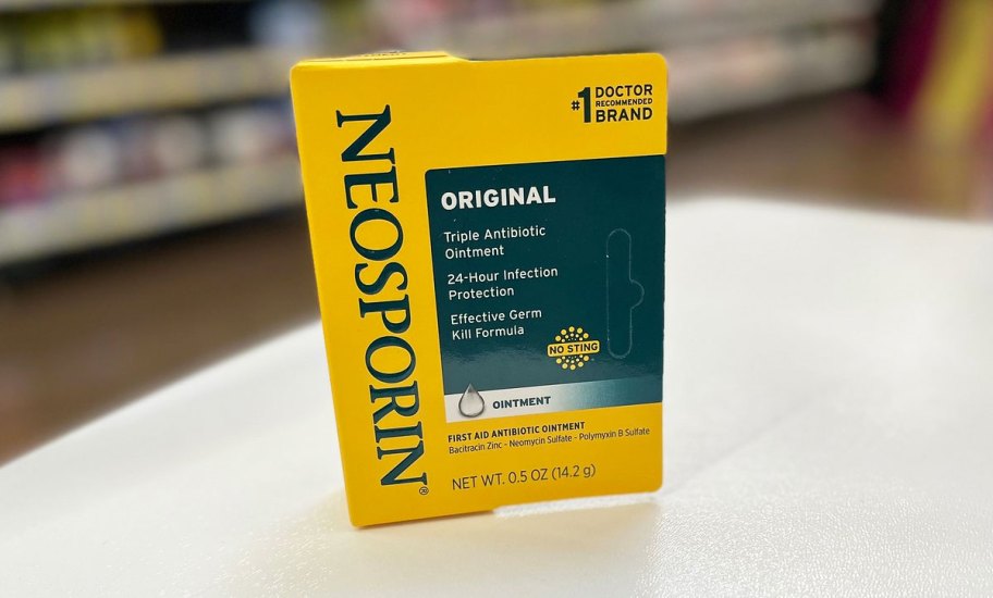 Neosporin box on a white table