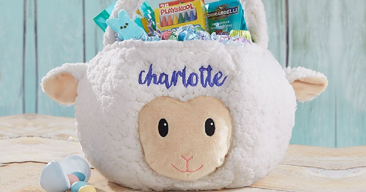 personalized plush lamb easter basket filled with candy