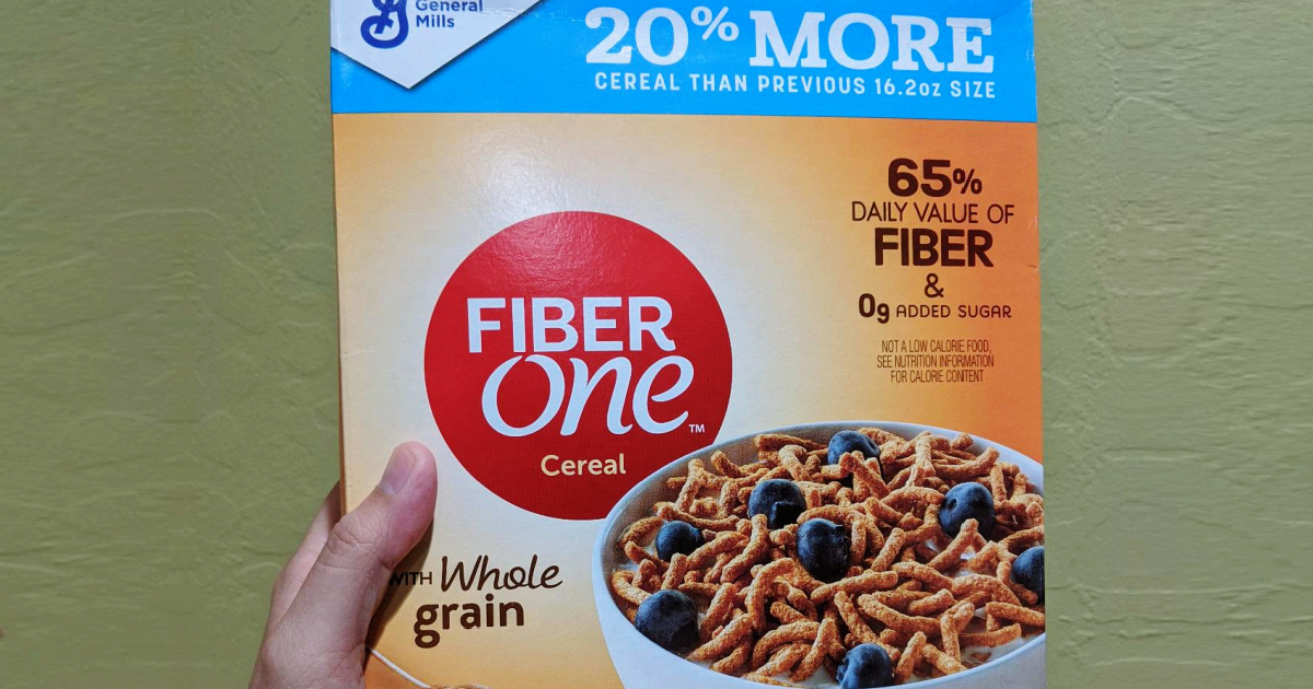 hand holding box of fiber cereal