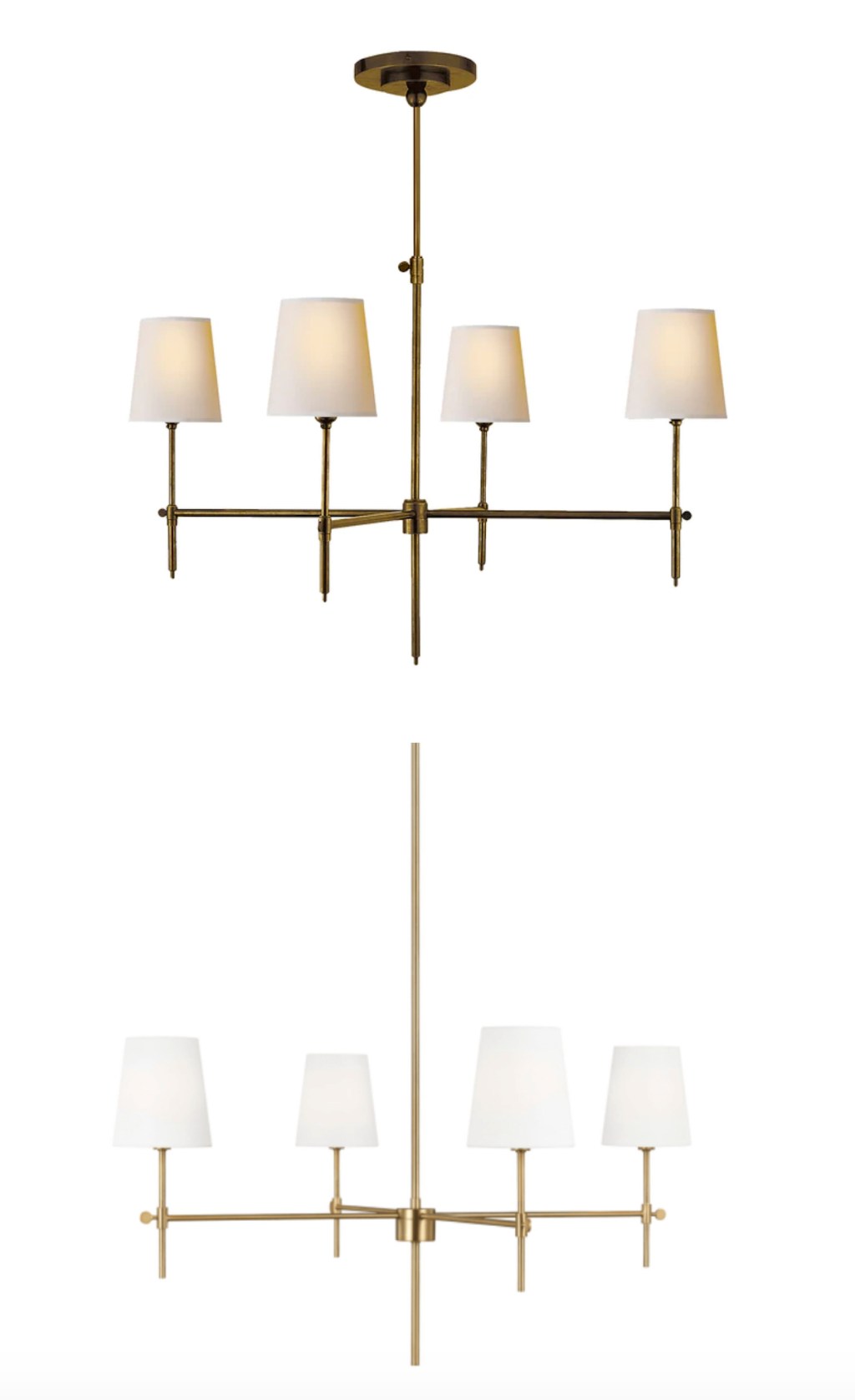 side by side comparison of two gold chandelier lights with white shades stock photos