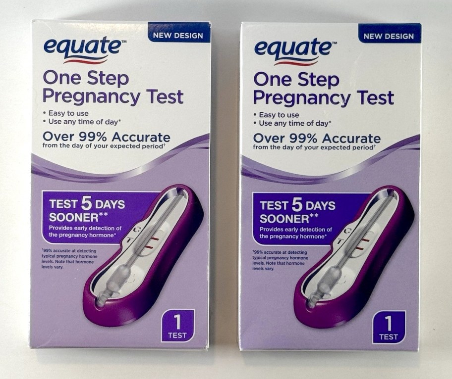 two boxes of Equate One Step Pregnancy Tests