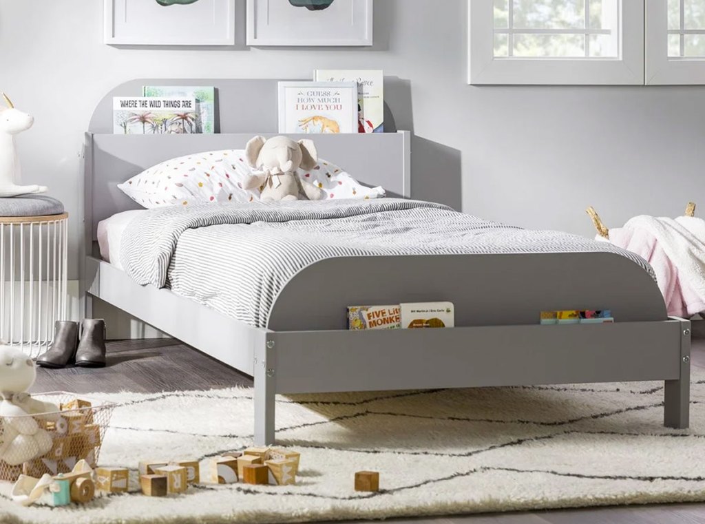 grey bed frame in kids room