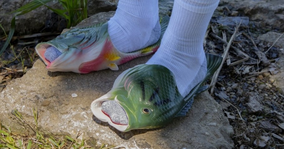 person wearing river's edge fish sandals with socks