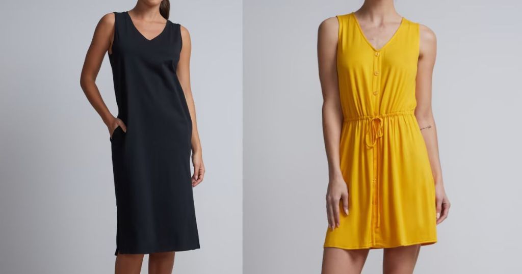 Wman in a black dress and a woman in a yellow dress
