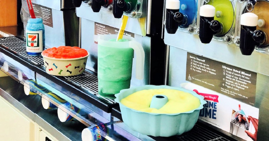 bundt pan, pitcher, dog food bow and jar under slurpee machine