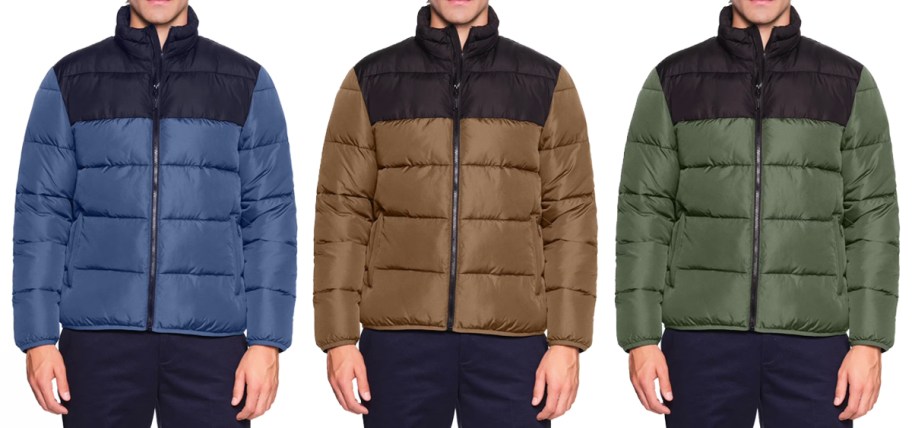 three men in blue, brown, and green puffer jackets