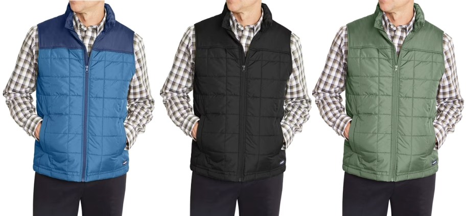 three men in blue, black, and green vests