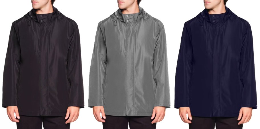 three men in black, grey, and navy blue rain jackets